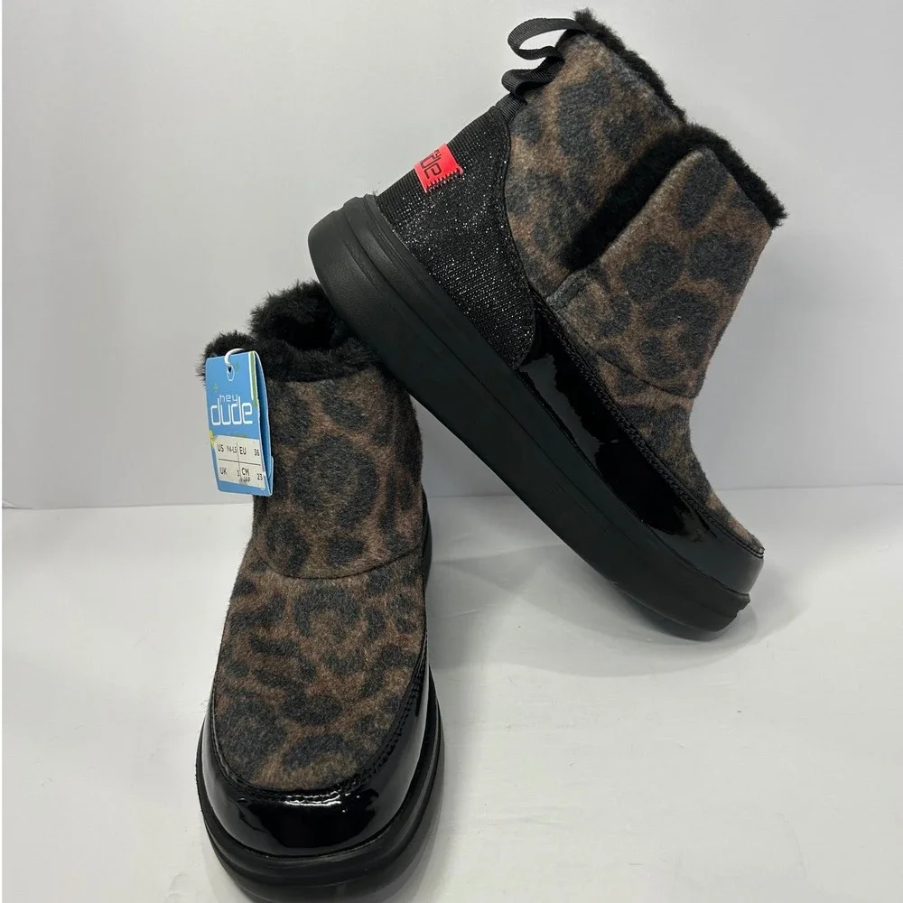 Hey Dude Youth Leopard Black Faux Fur Boots Kids Size 4 Brand New With Tags